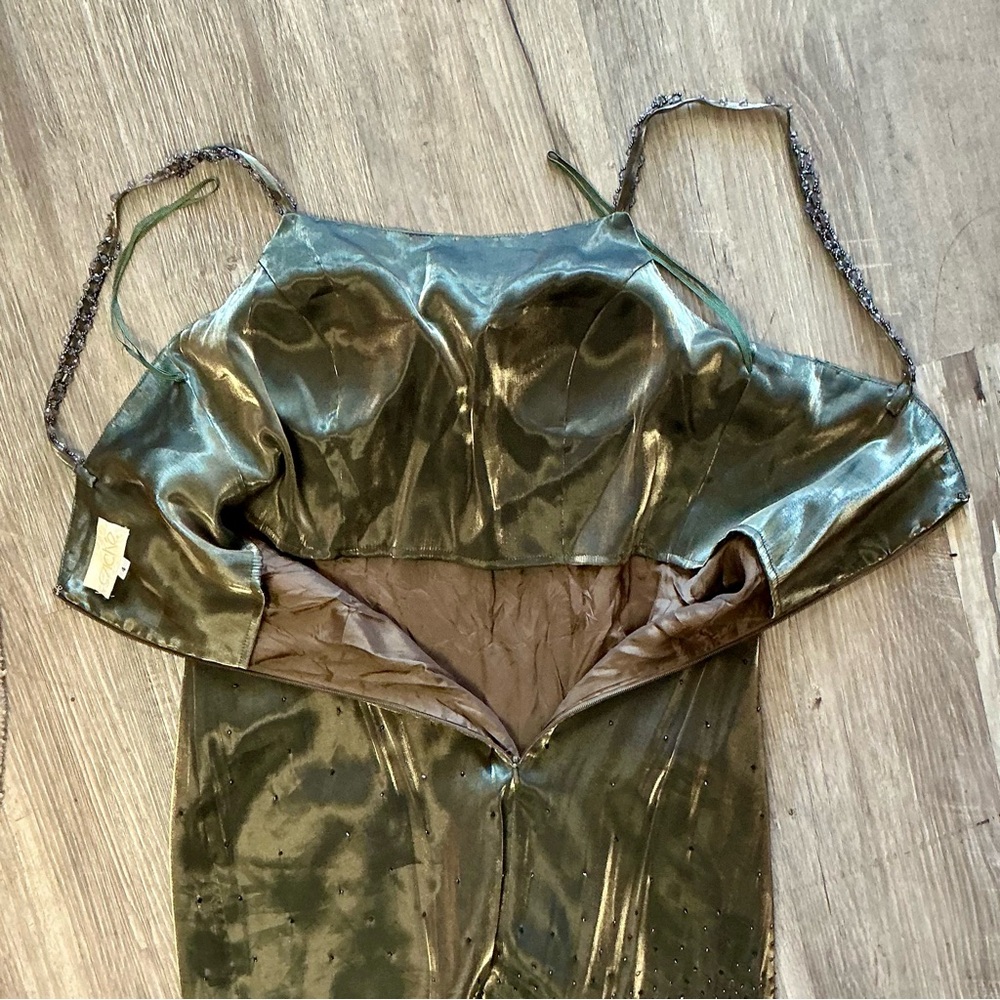 Vintage 1990s Y2K Cache Olive Satin and Chiffon Asymmetrical Hem Beaded Gown - Picture 15 of 16